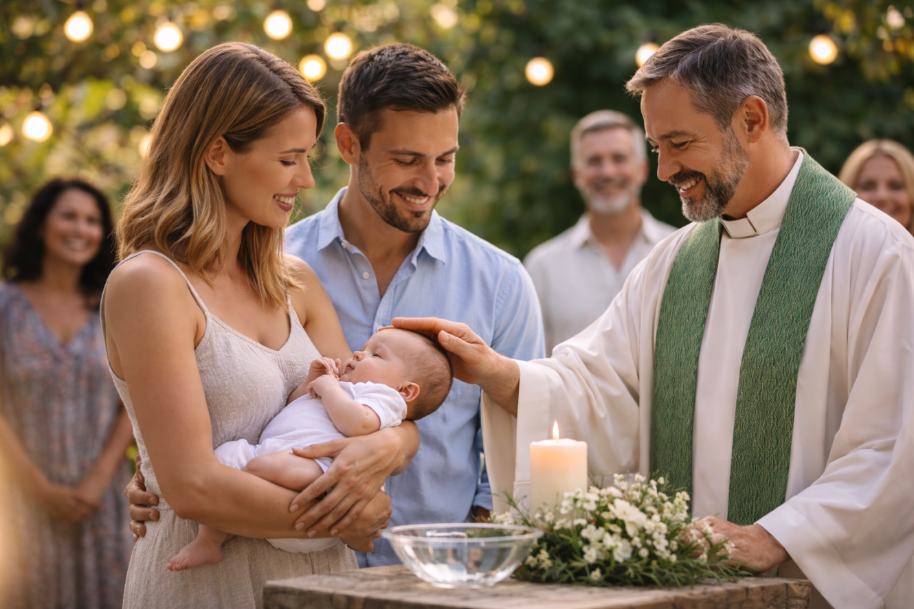 Familie mit Baby und Priester